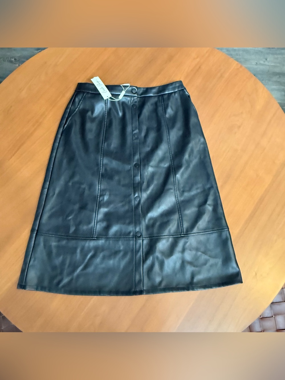 Charlie Paige Black Faux Leather Button-Front + Pockets Midi Skirt